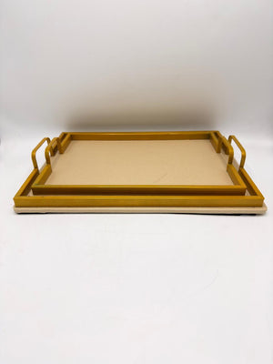 Leather Texture Serving Tray Set with Gold Metal Frame – 2 Piece