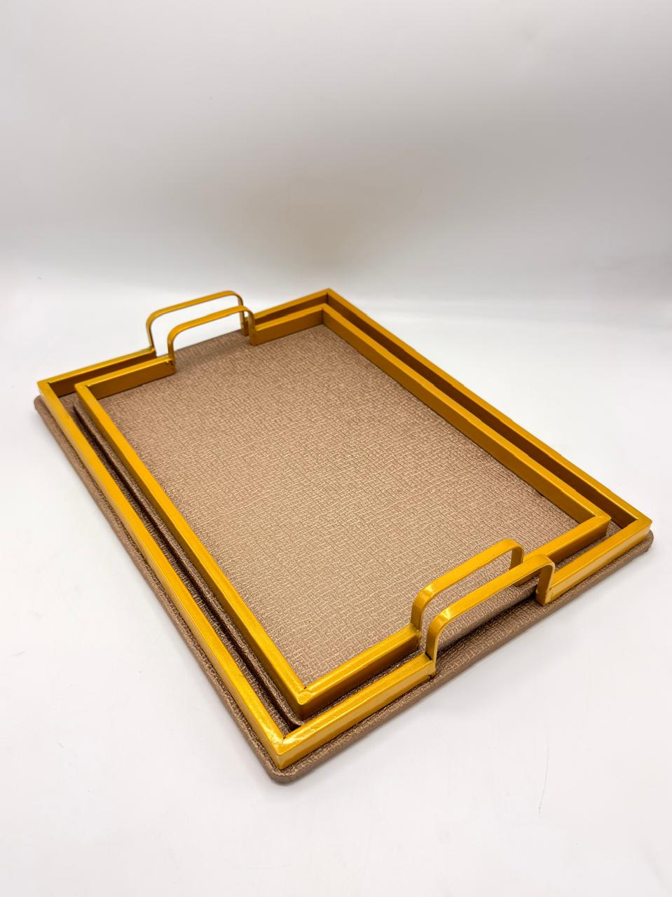 Leather Texture Serving Tray Set with Gold Metal Frame – 2 Piece