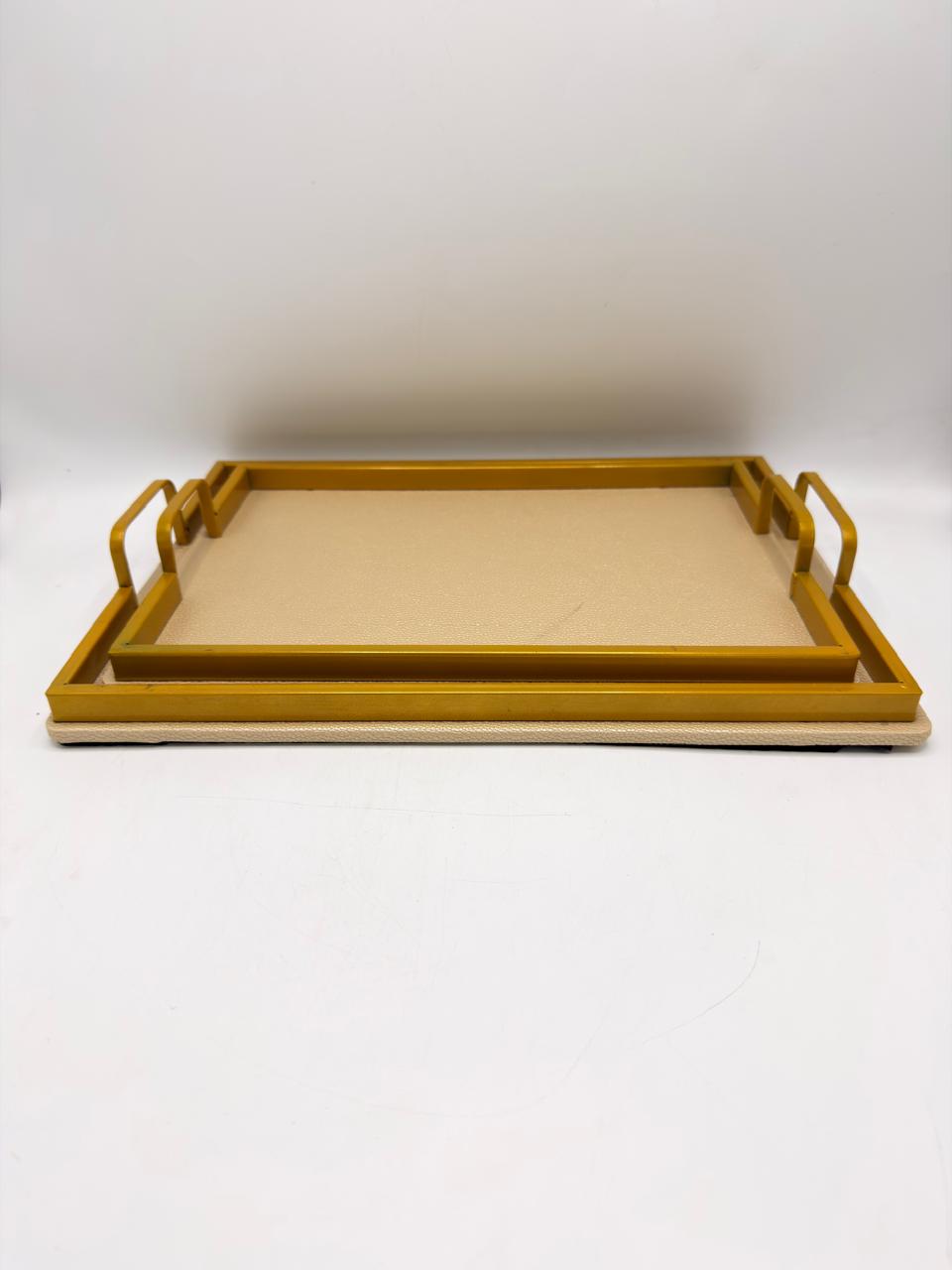 Leather Texture Serving Tray Set with Gold Metal Frame – 2 Piece