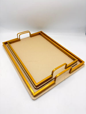 Leather Texture Serving Tray Set with Gold Metal Frame – 2 Piece