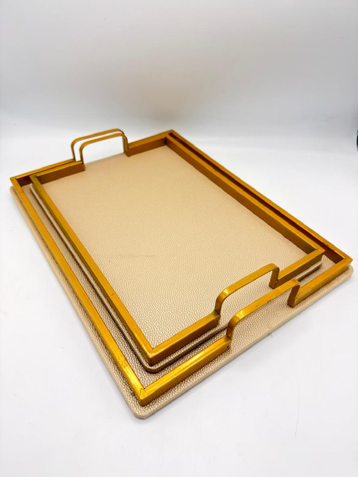 Leather Texture Serving Tray Set with Gold Metal Frame – 2 Piece