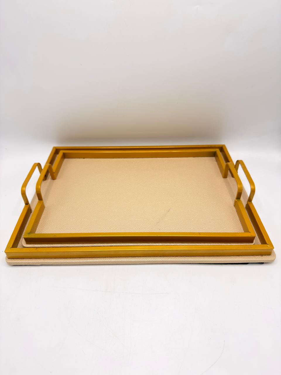 Leather Texture Serving Tray Set with Gold Metal Frame – 2 Piece