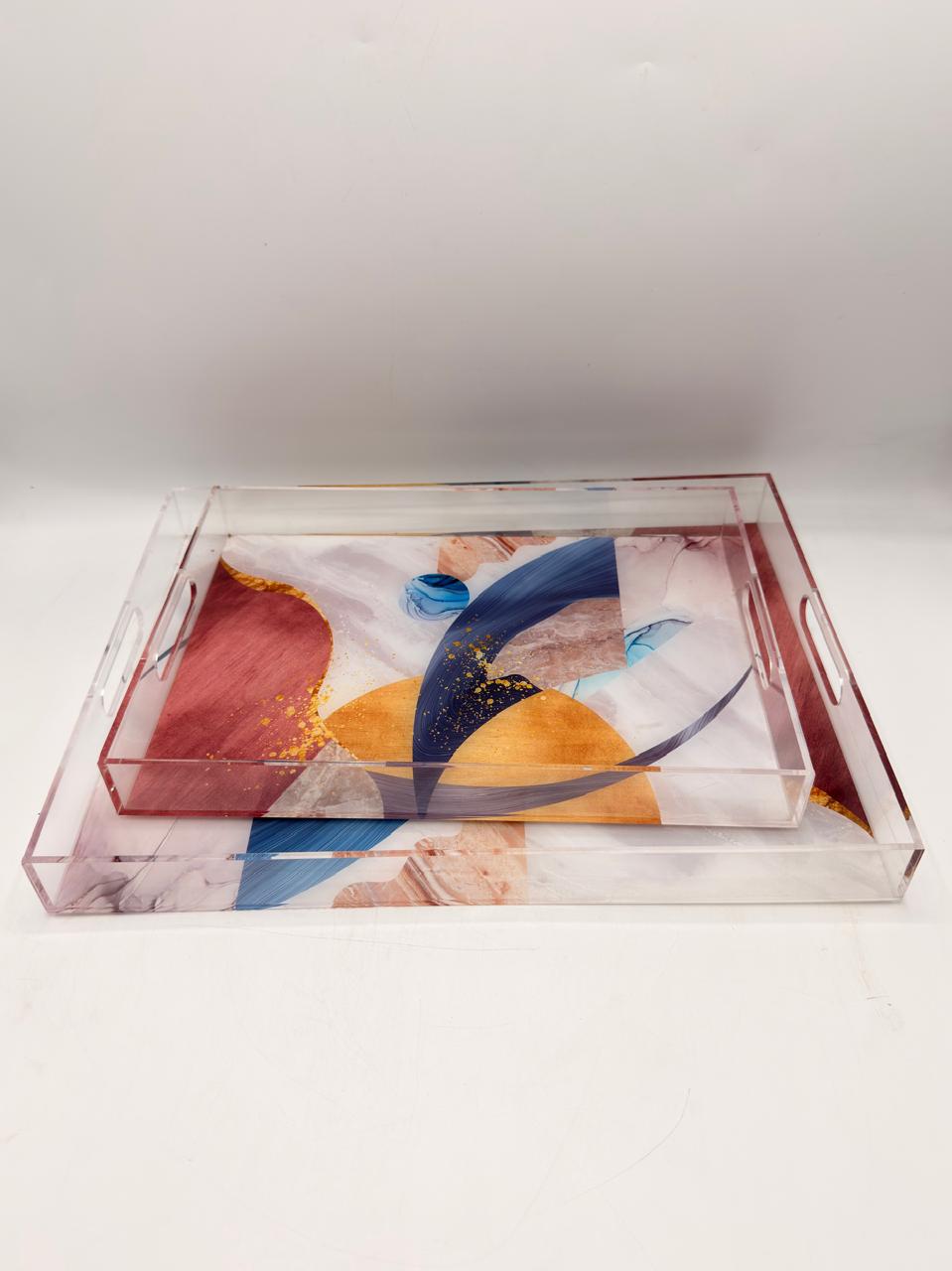 Acrylic Serving Tray Set with Abstract Marble Art – 2 Piece