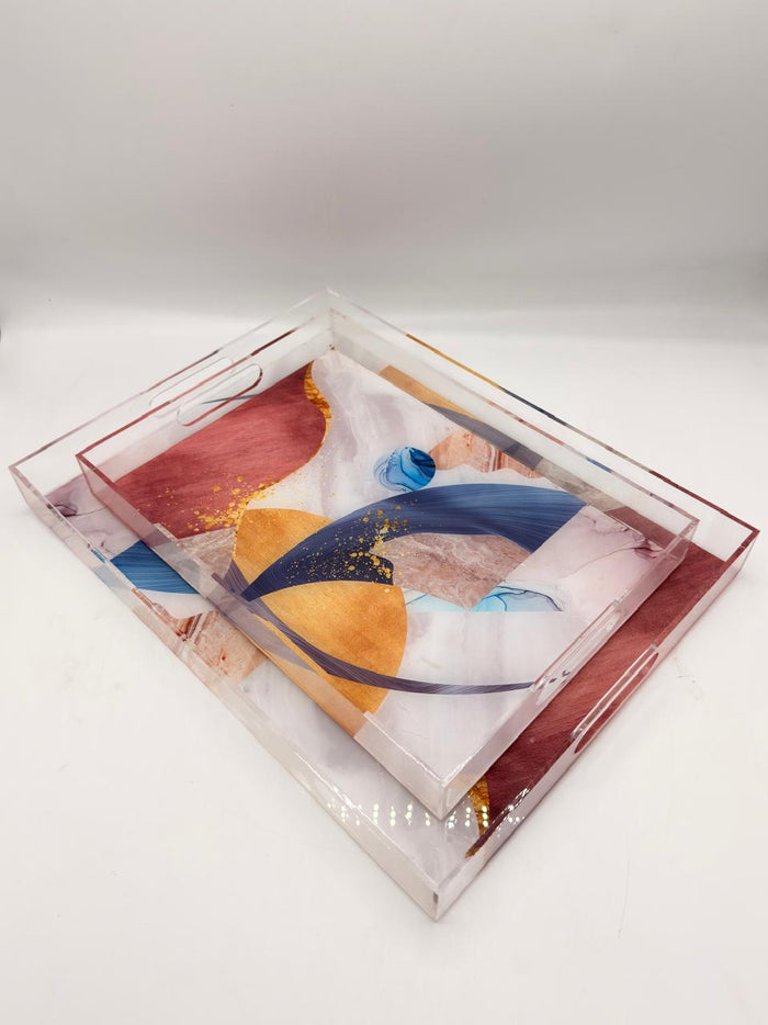 Acrylic Serving Tray Set with Abstract Marble Art – 2 Piece