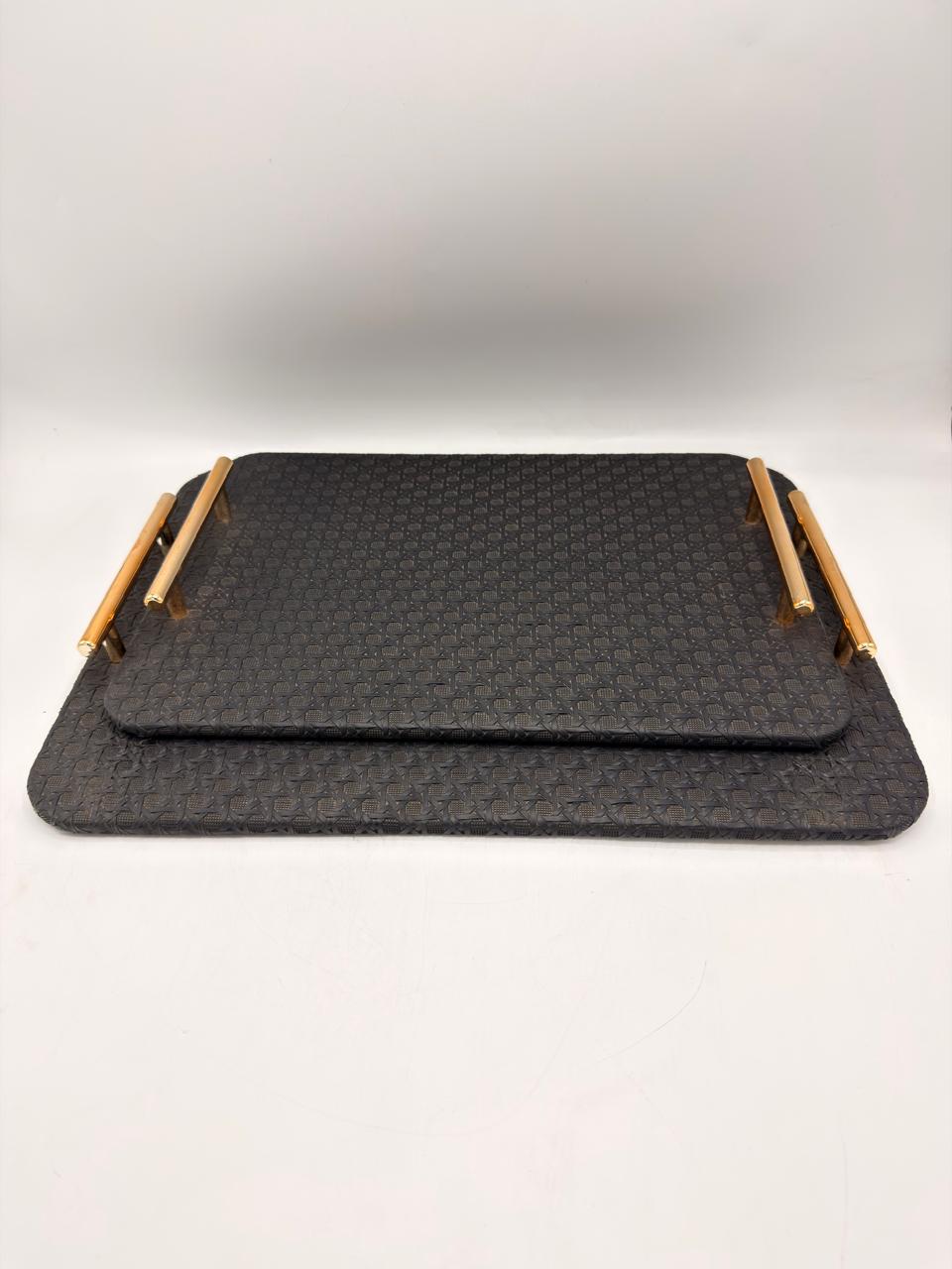 Woven Texture Serving Tray Set with Gold Handles – 2 Piece