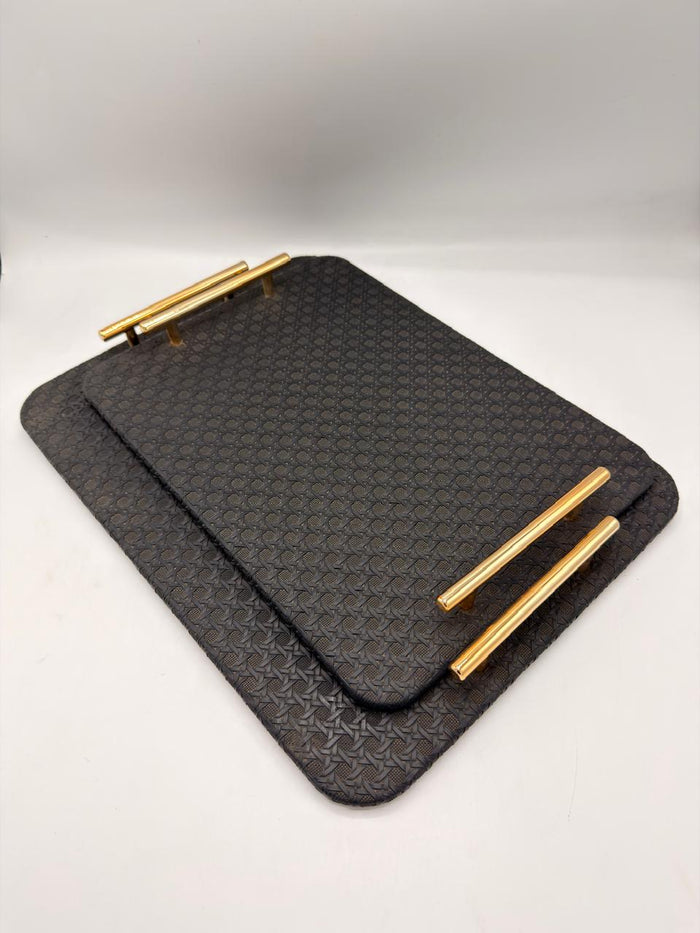 Woven Texture Serving Tray Set with Gold Handles – 2 Piece