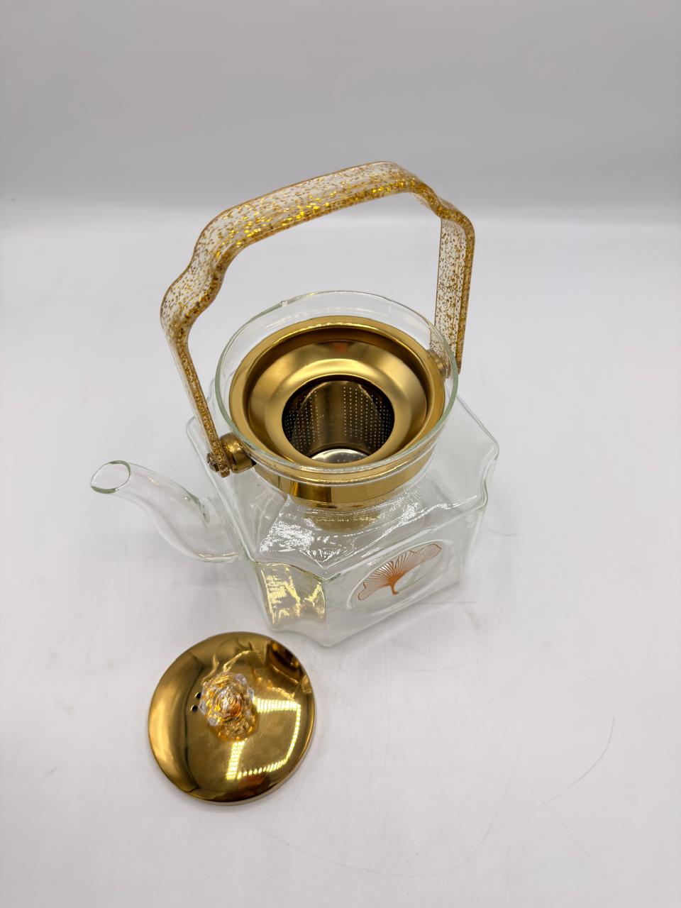 Glass Teapot with Gold Infuser & Ginkgo Print
