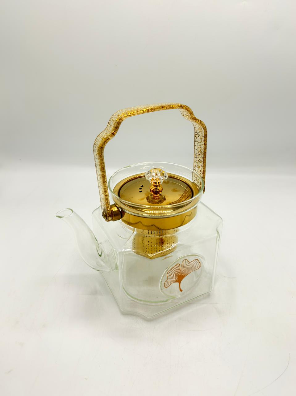 Glass Teapot with Gold Infuser & Ginkgo Print