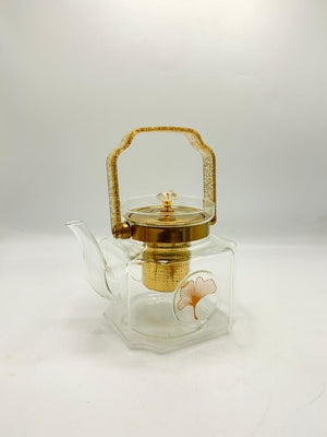 Glass Teapot with Gold Infuser & Ginkgo Print