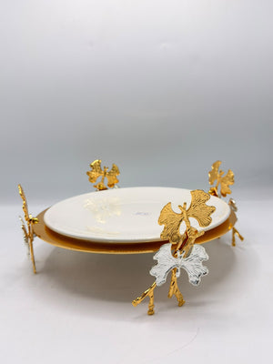1Pcs Medium Ceramic White Plate with Gold Ginkgo Leaf Stand