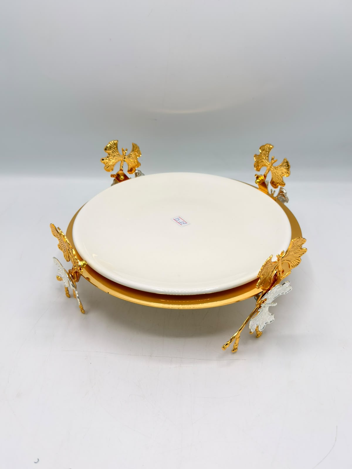 1Pcs Medium Ceramic White Plate with Gold Ginkgo Leaf Stand