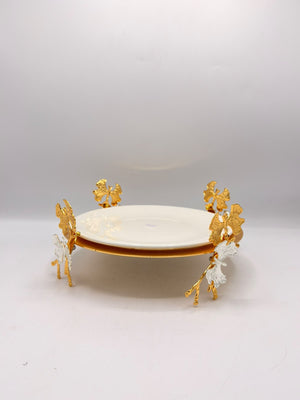 1Pcs Medium Ceramic White Plate with Gold Ginkgo Leaf Stand