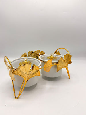 Twin White Jars with Gold Ginkgo Handles 16-3