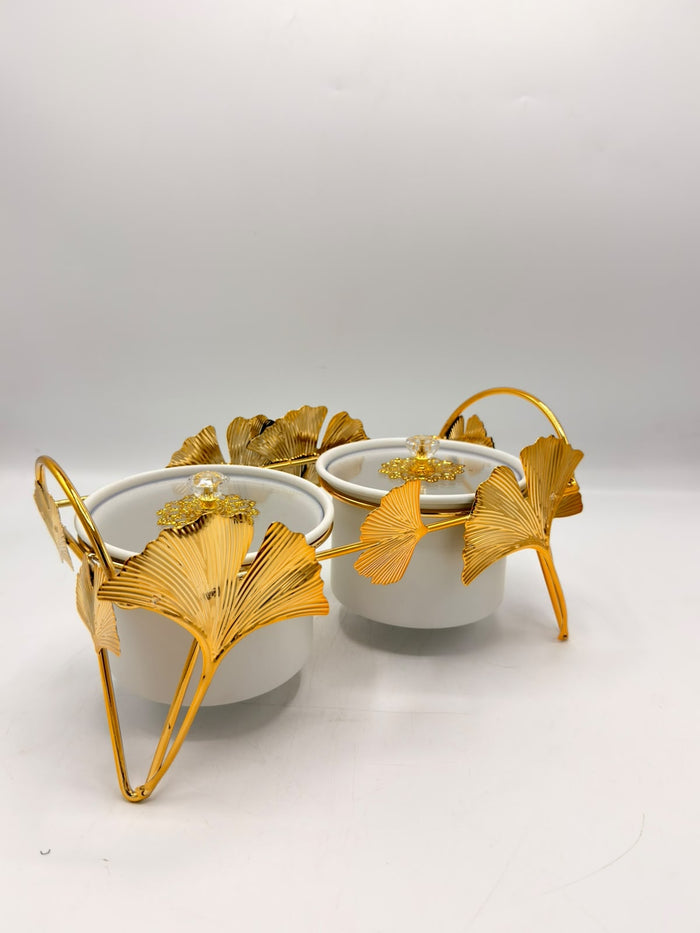 Twin White Jars with Gold Ginkgo Handles 16-3