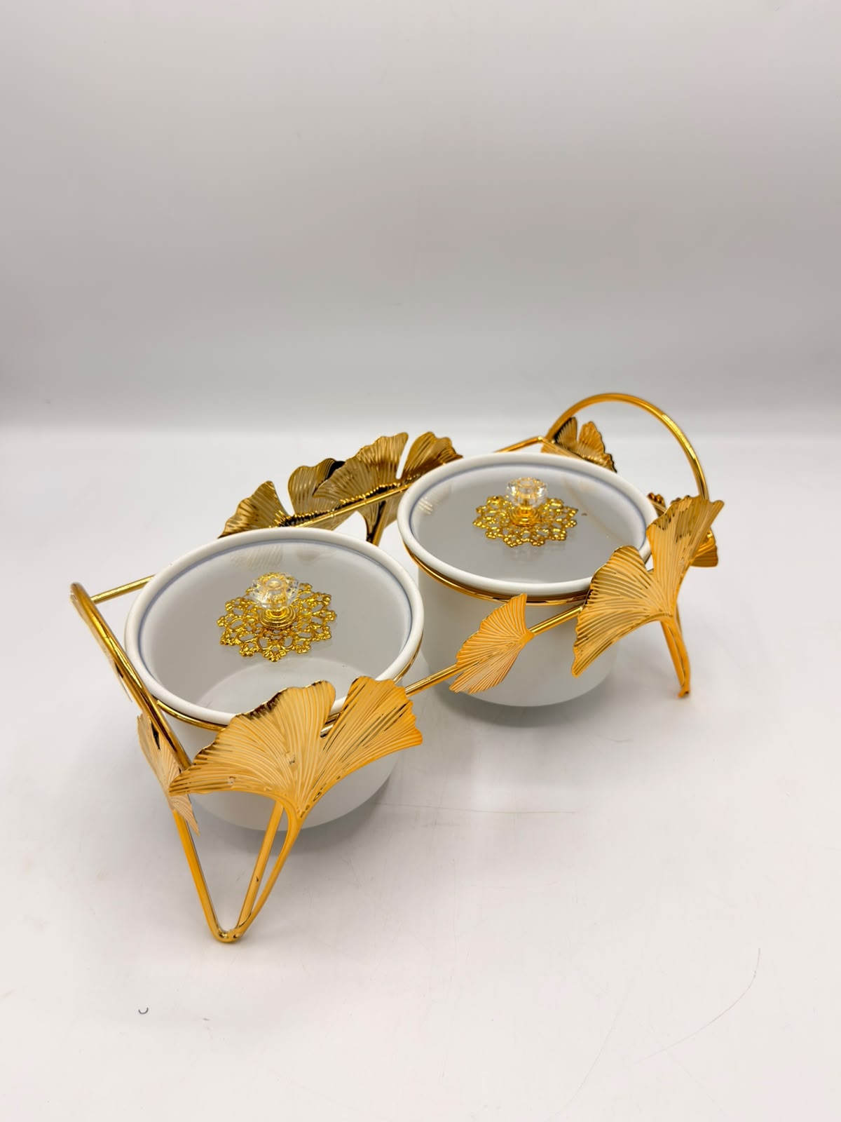 Twin White Jars with Gold Ginkgo Handles 16-3