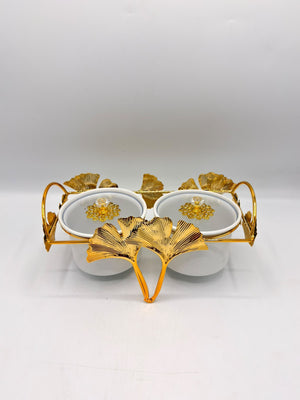 Twin White Jars with Gold Ginkgo Handles 16-3