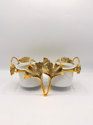 Twin White Jars with Gold Ginkgo Handles 16-3