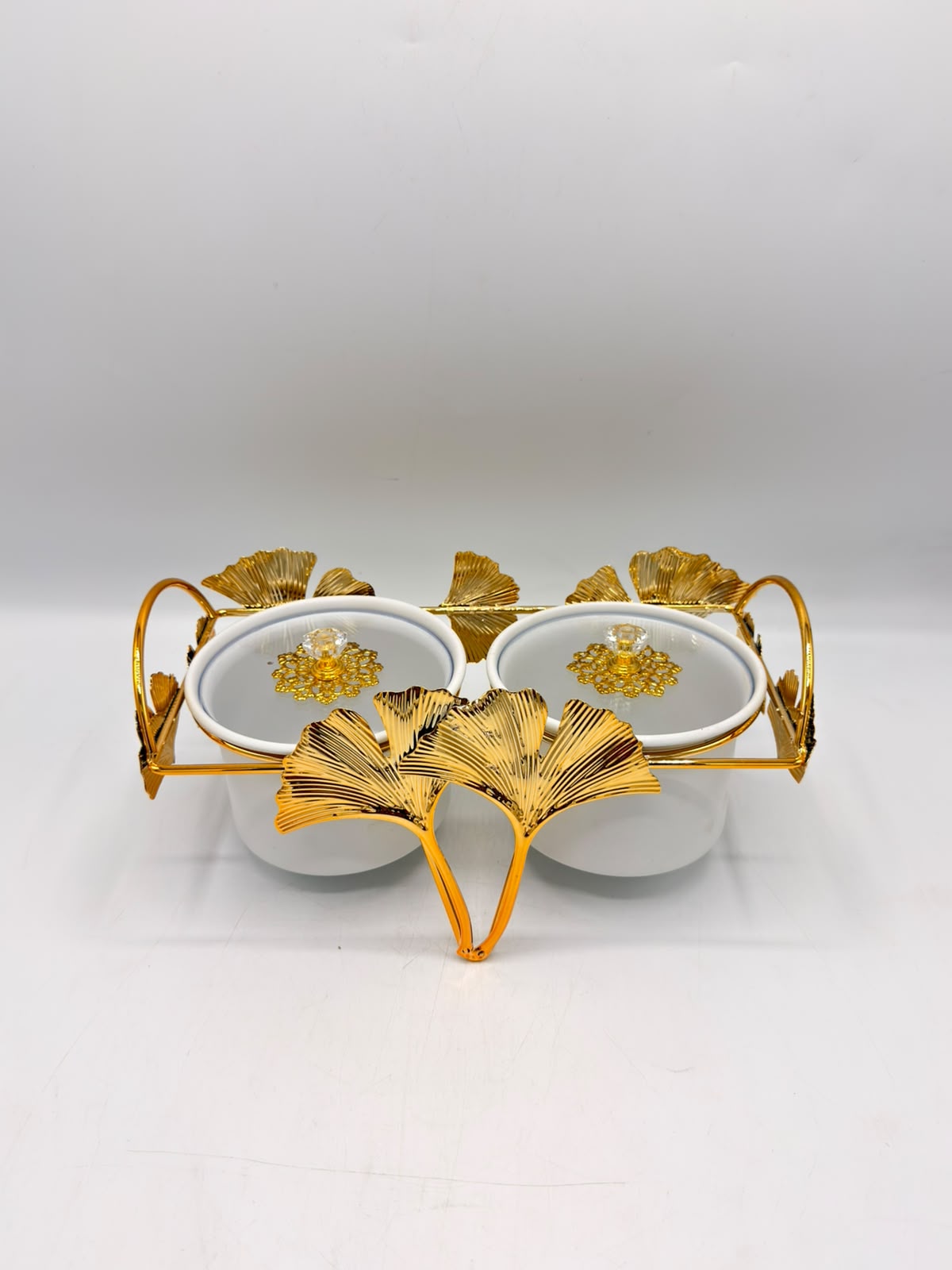 Twin White Jars with Gold Ginkgo Handles 16-3