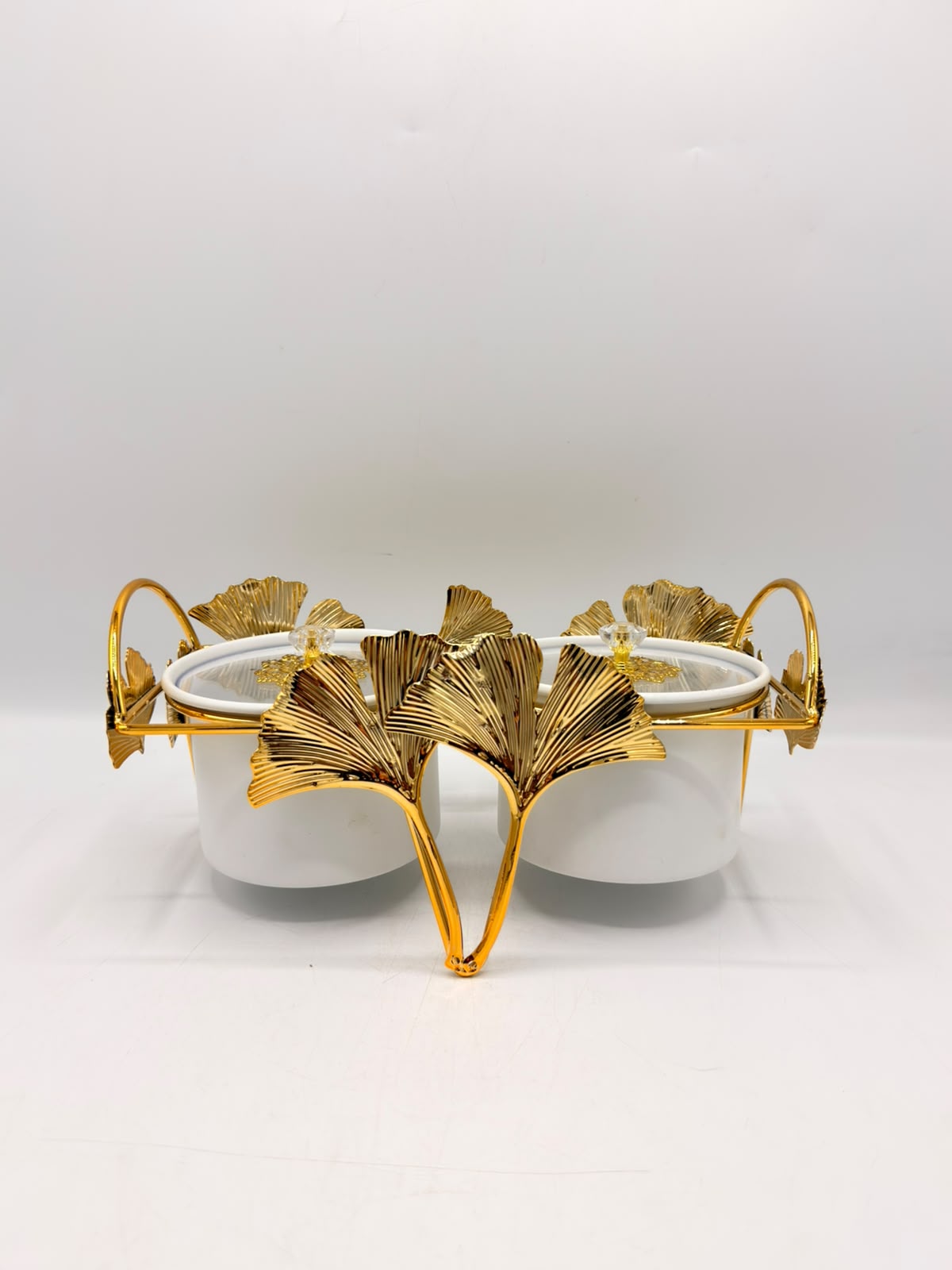 Twin White Jars with Gold Ginkgo Handles 16-3