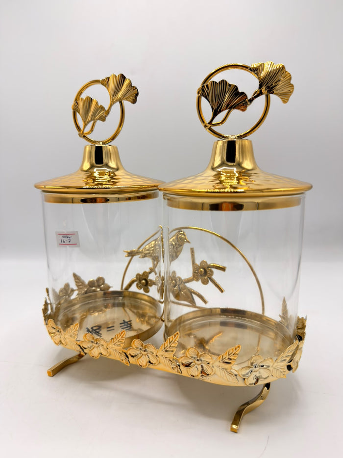 Twin Glass Jars with Gold Bird Stand