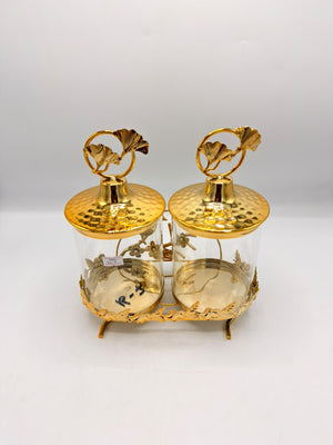Twin Glass Jars with Gold Bird Stand