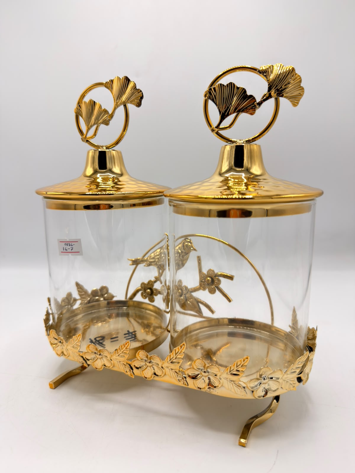 Twin Glass Jars with Gold Bird Stand