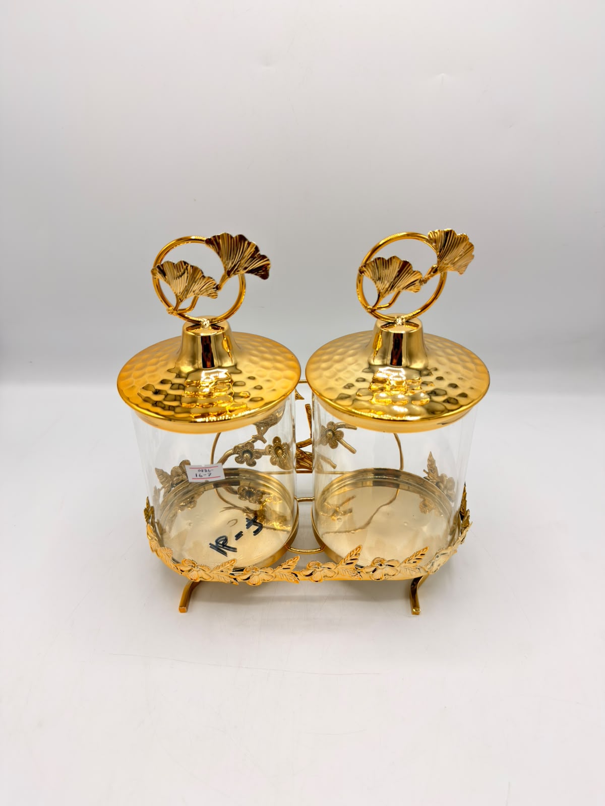 Twin Glass Jars with Gold Bird Stand