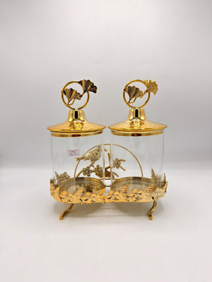 Twin Glass Jars with Gold Bird Stand