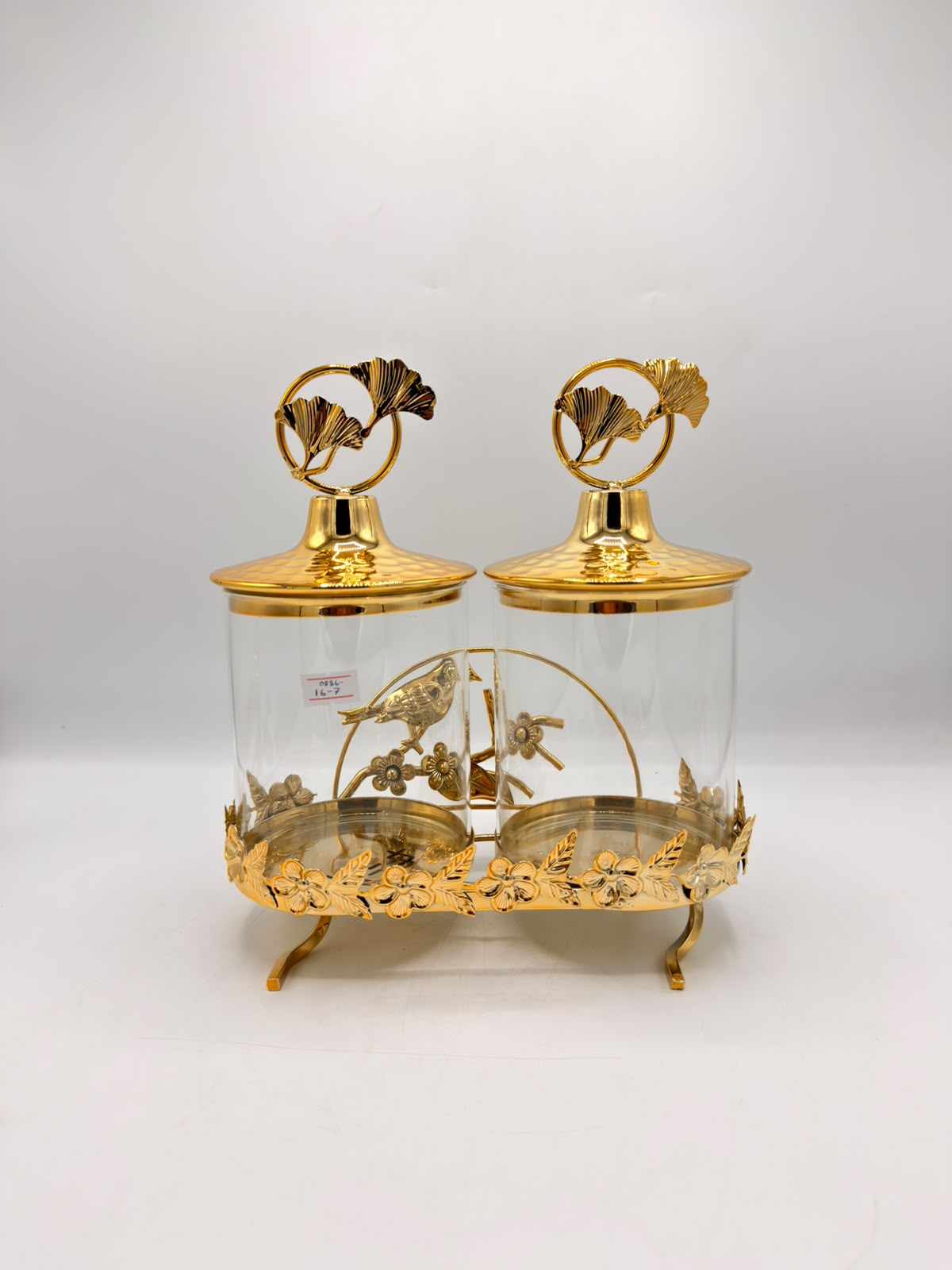 Twin Glass Jars with Gold Bird Stand
