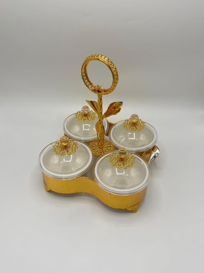 Royal Gold 4-Piece Dry Fruit Serving Set with Porcelain Bowls