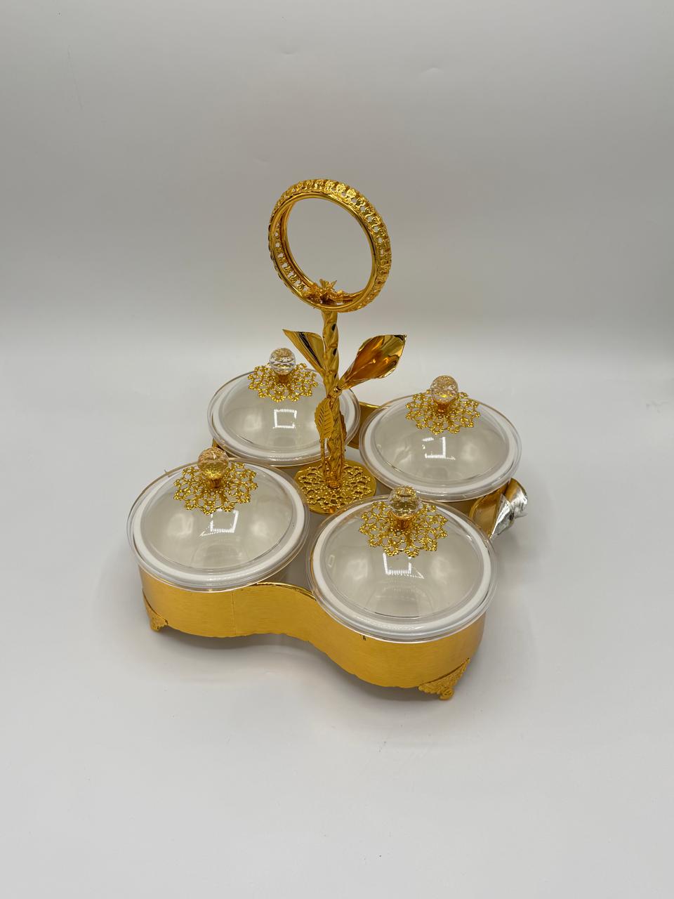 Royal Gold 4-Piece Dry Fruit Serving Set with Porcelain Bowls