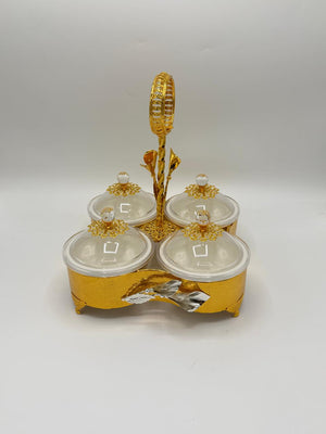 Royal Gold 4-Piece Dry Fruit Serving Set with Porcelain Bowls