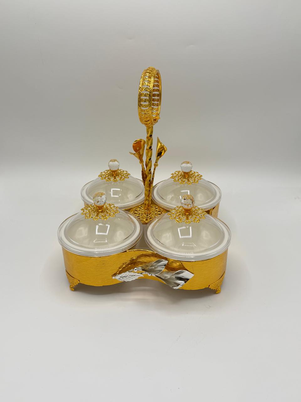Royal Gold 4-Piece Dry Fruit Serving Set with Porcelain Bowls