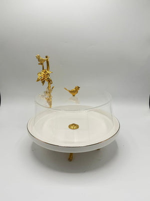 White Porcelain Cake Dish with Gold Bird & Flower Accent