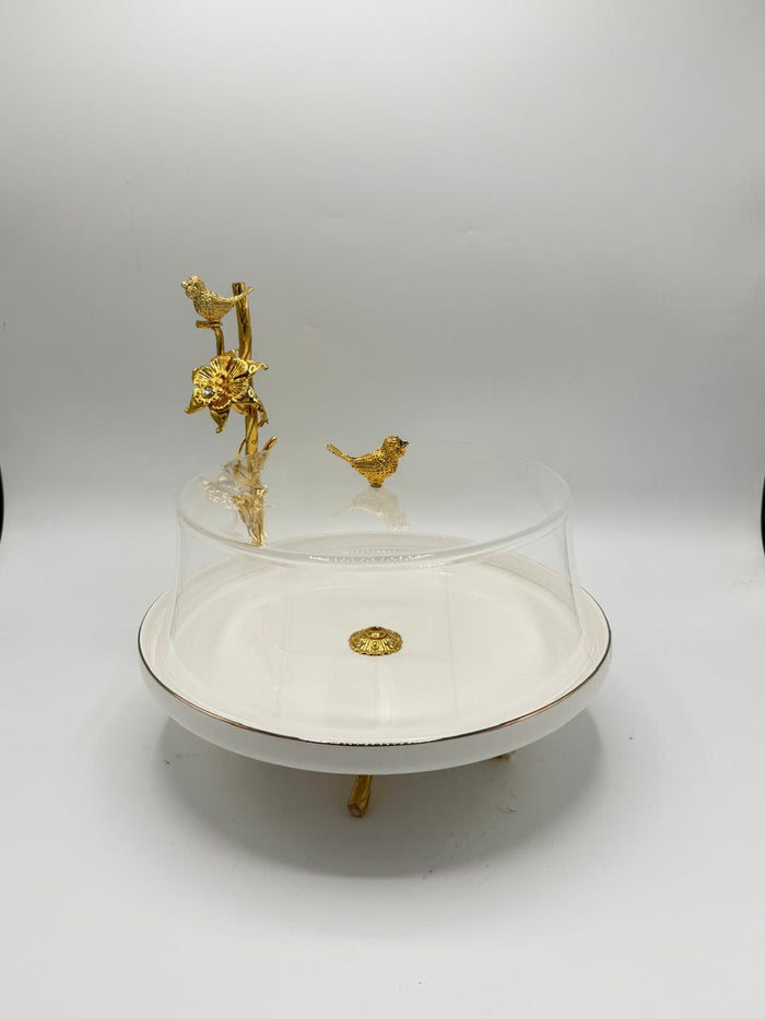White Porcelain Cake Dish with Gold Bird & Flower Accent