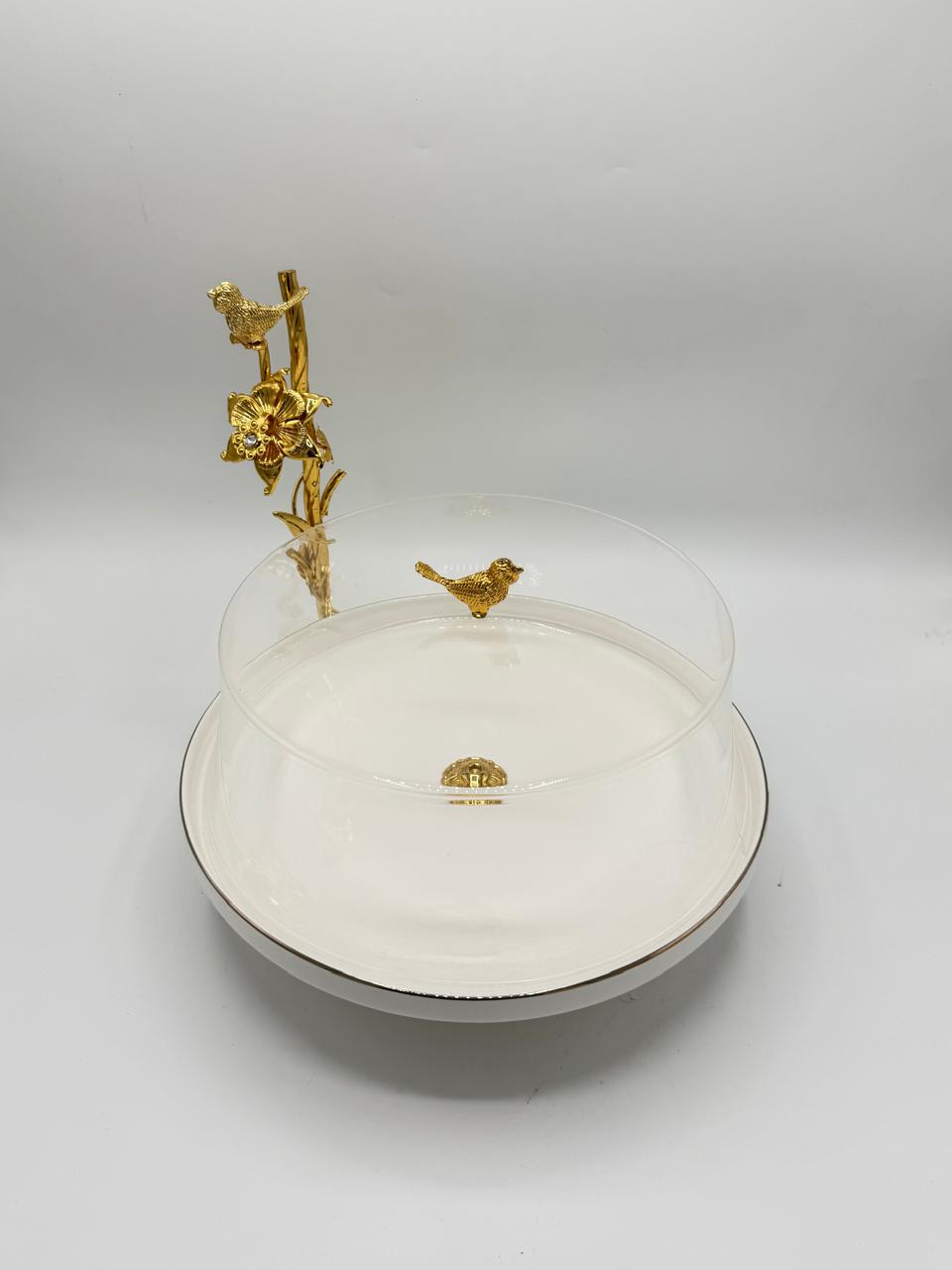 White Porcelain Cake Dish with Gold Bird & Flower Accent
