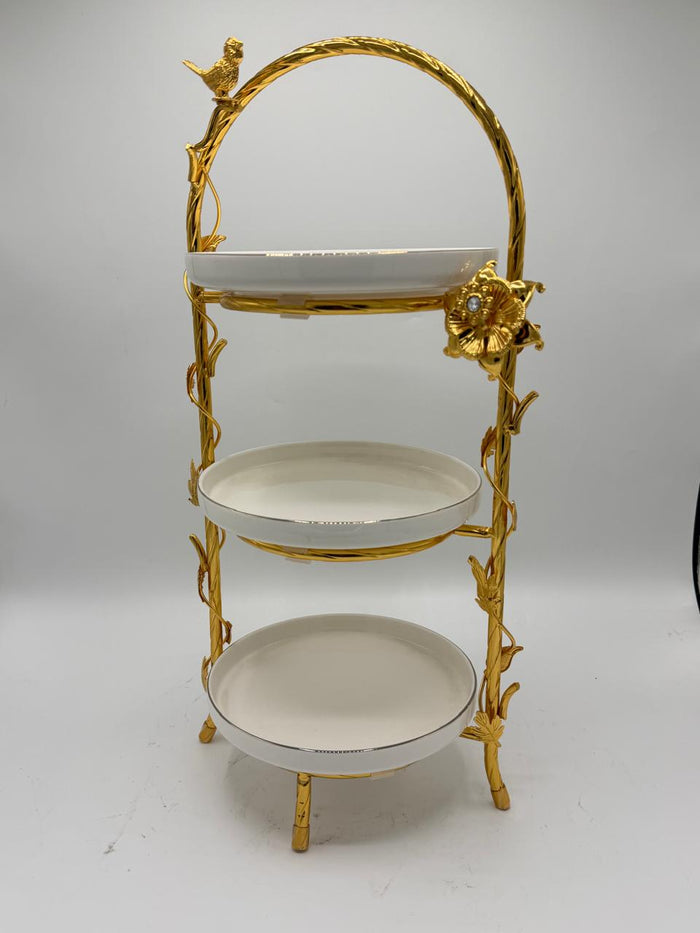 3-Tier Gold Branch Pastry Stand with Porcelain Plates