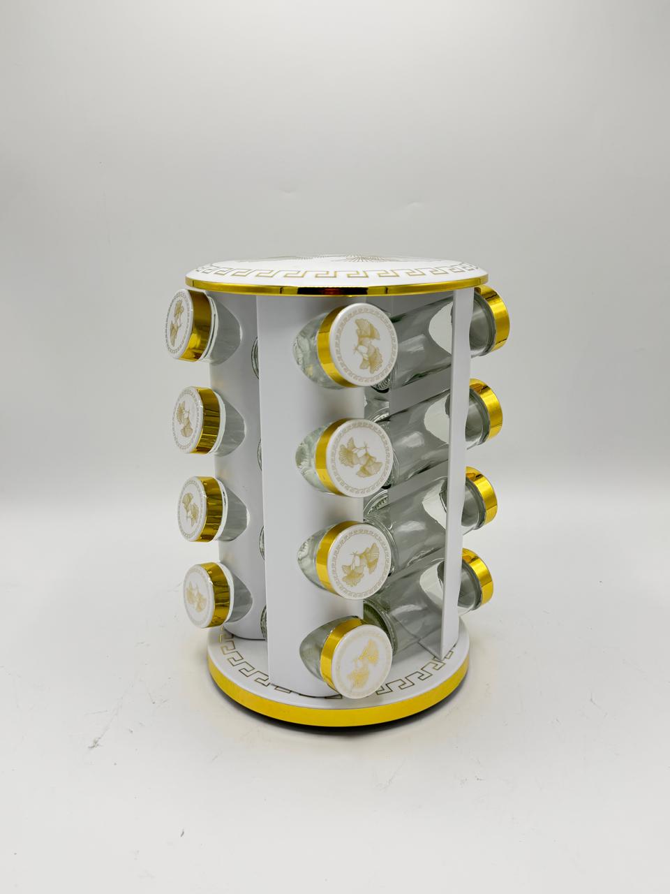 White & Gold Rotating Spice Jar Rack (12/16 Pcs)