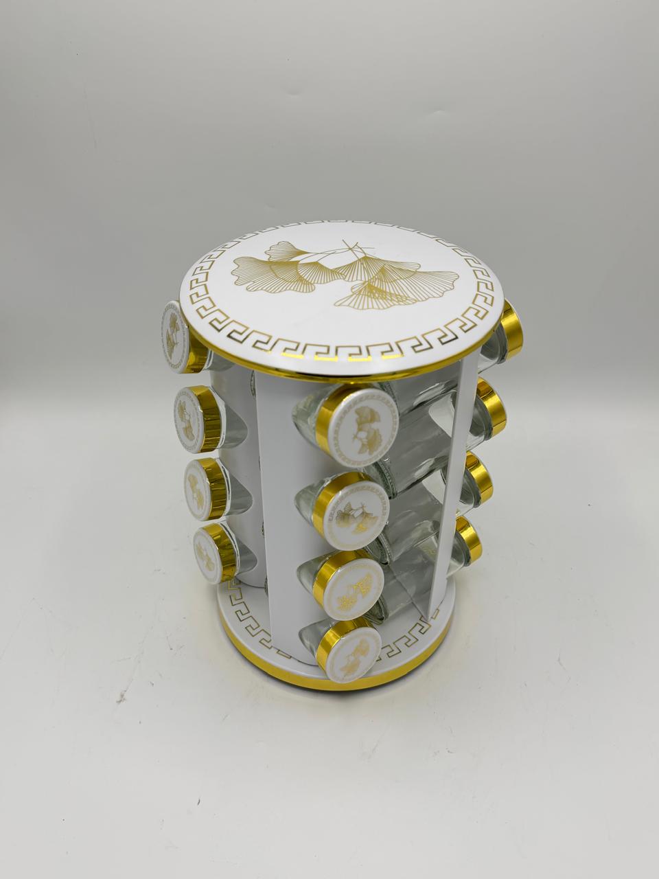 White & Gold Rotating Spice Jar Rack (12/16 Pcs)