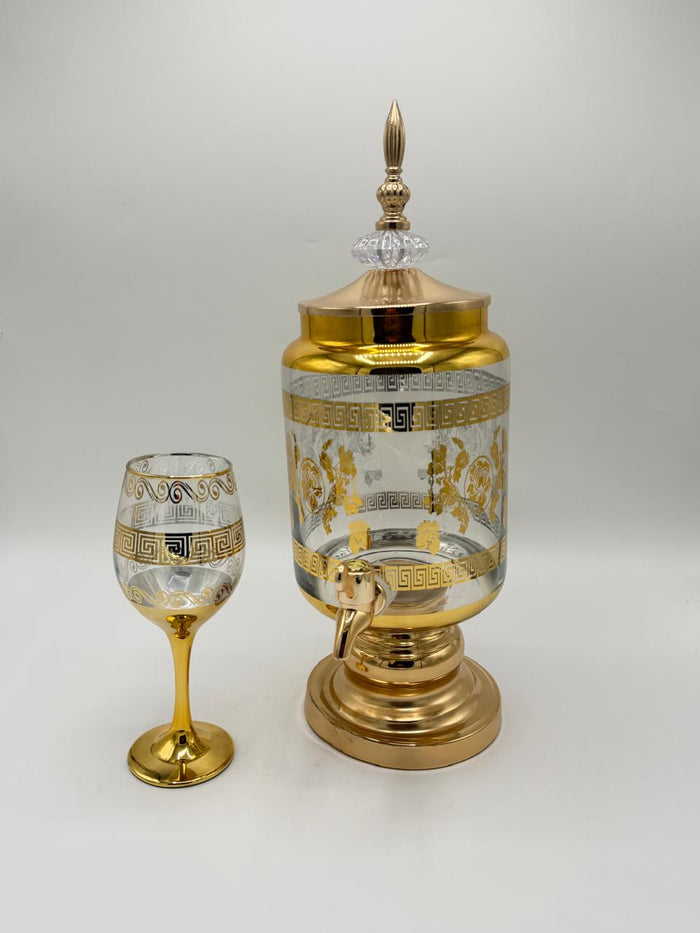 Gold Greek Key Juice Dispenser & Goblet Set (6 Pcs)