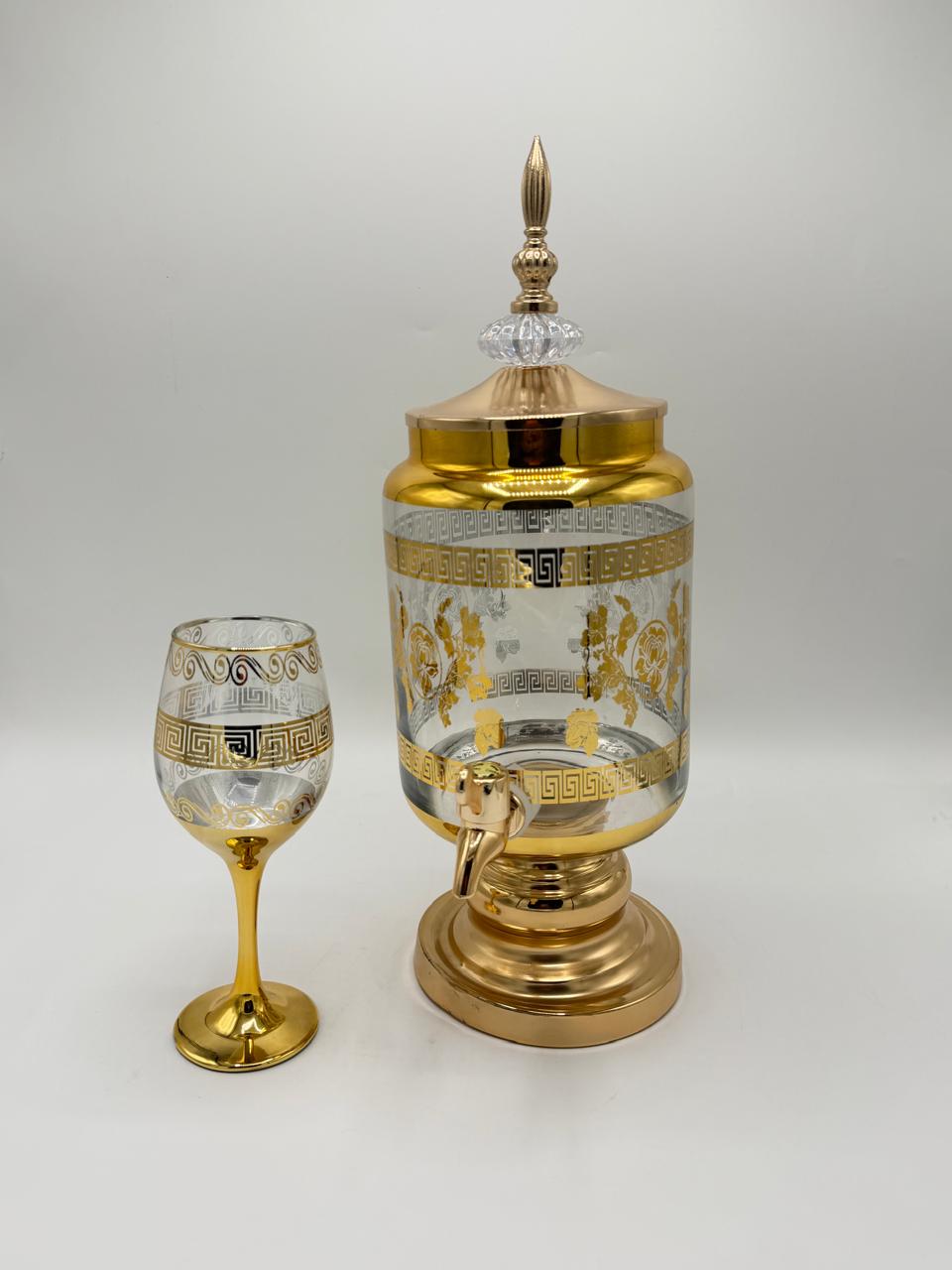 Gold Greek Key Juice Dispenser & Goblet Set (6 Pcs)