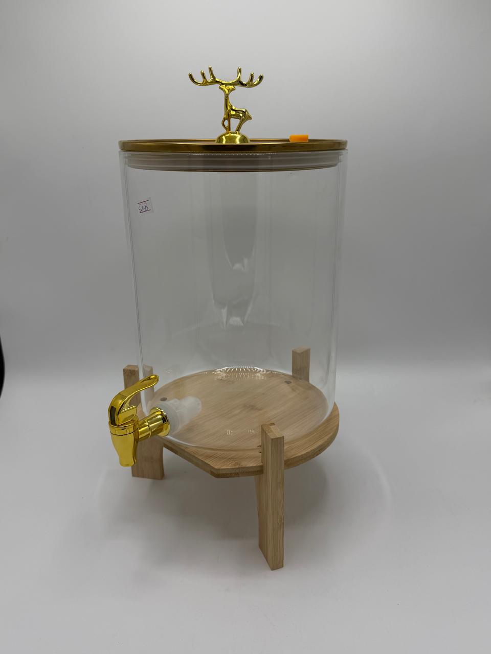Gold Stag Finial Glass Dispenser on Wood Stand