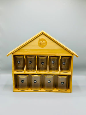 Bamboo House Rack with 9 Glass Jars