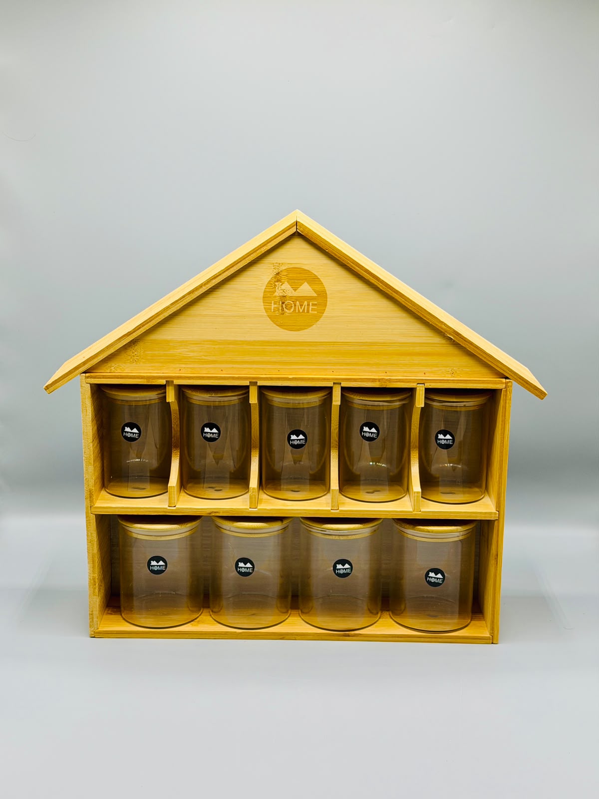 Bamboo House Rack with 9 Glass Jars