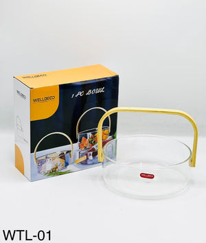 Glass Serving Bowl with Wooden Handle, 2000ml clear glass bowl