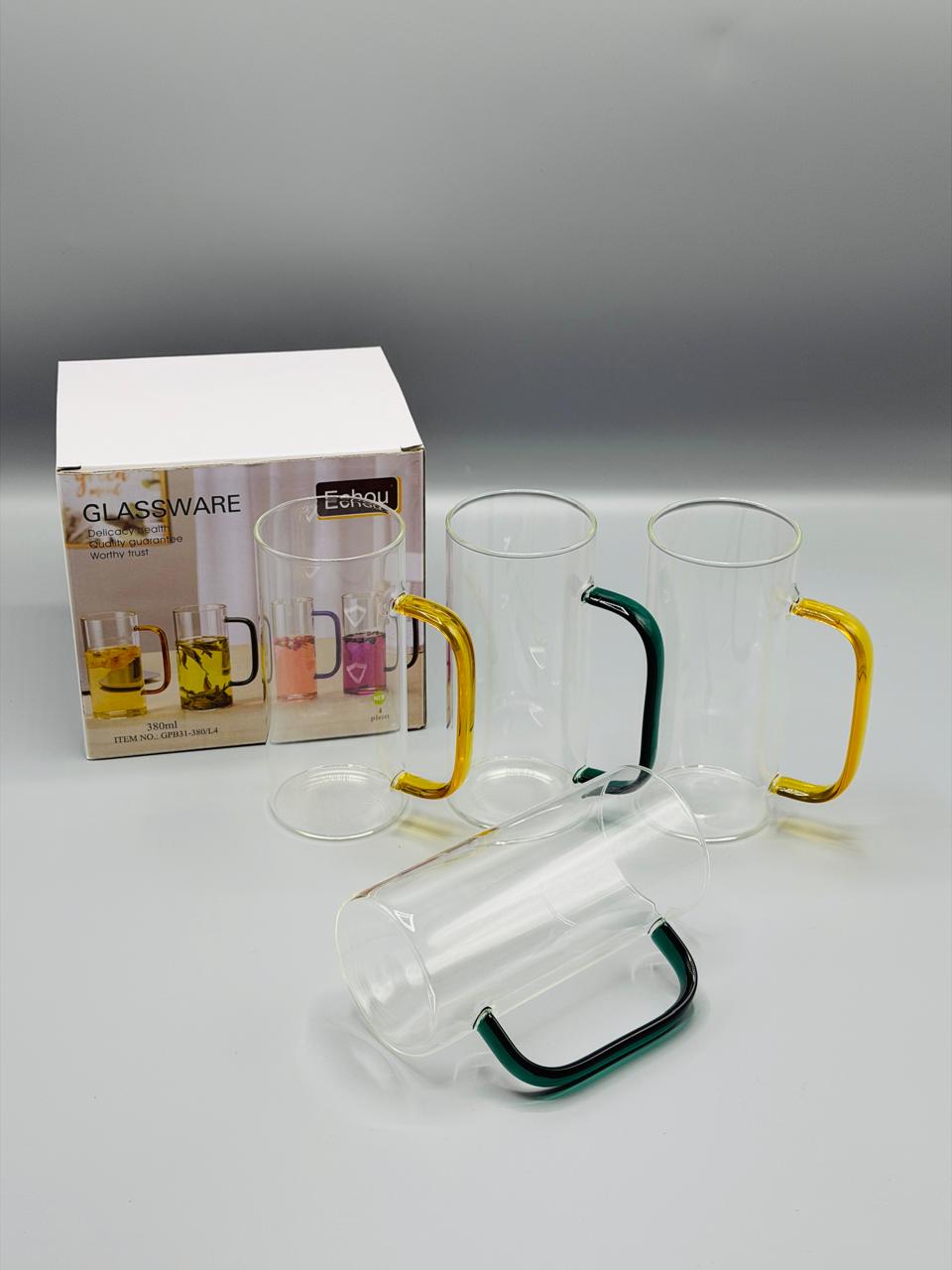 Colour Glass Mug Set 4 Pcs, 380ml mixed colour glass mugs