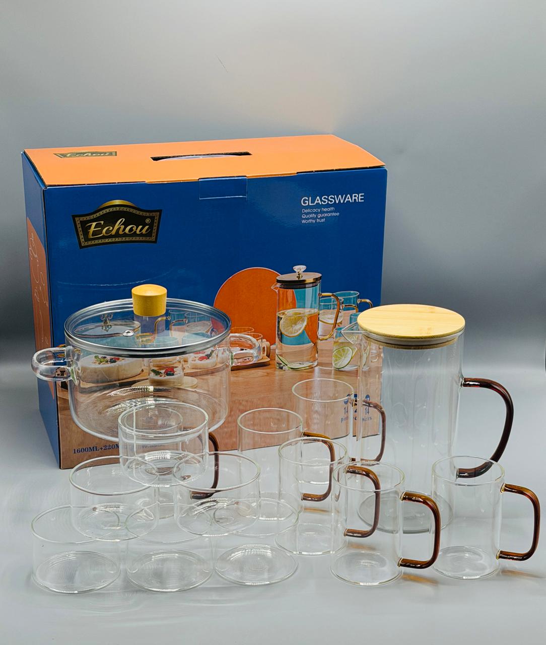 Glass Pot and Water Set 14 Pcs, clear glass