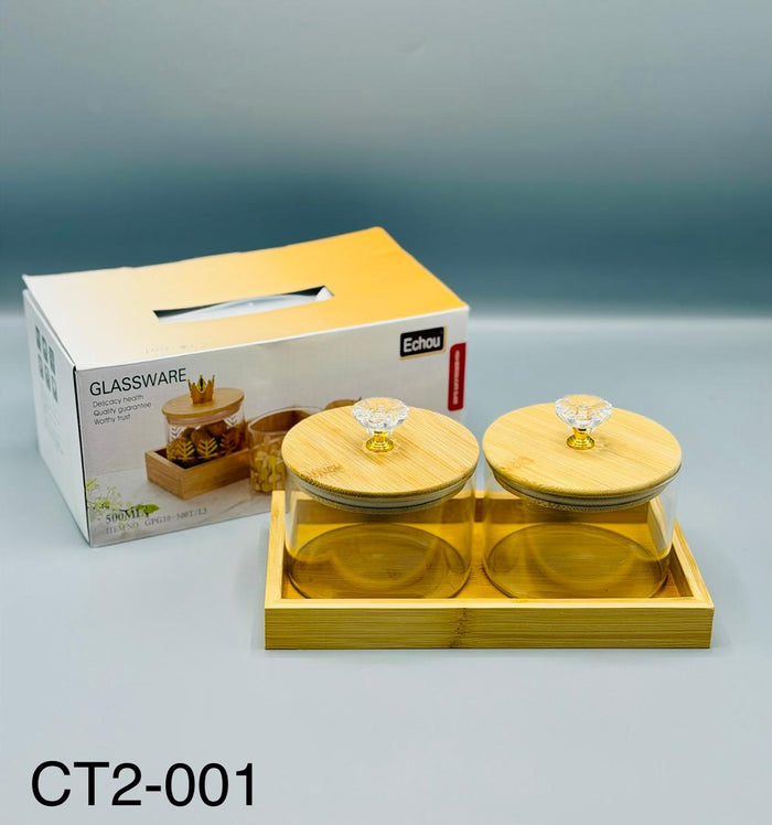 Wooden Tray Glass Jar Set, 3 x 500ml glass jars on wooden tray