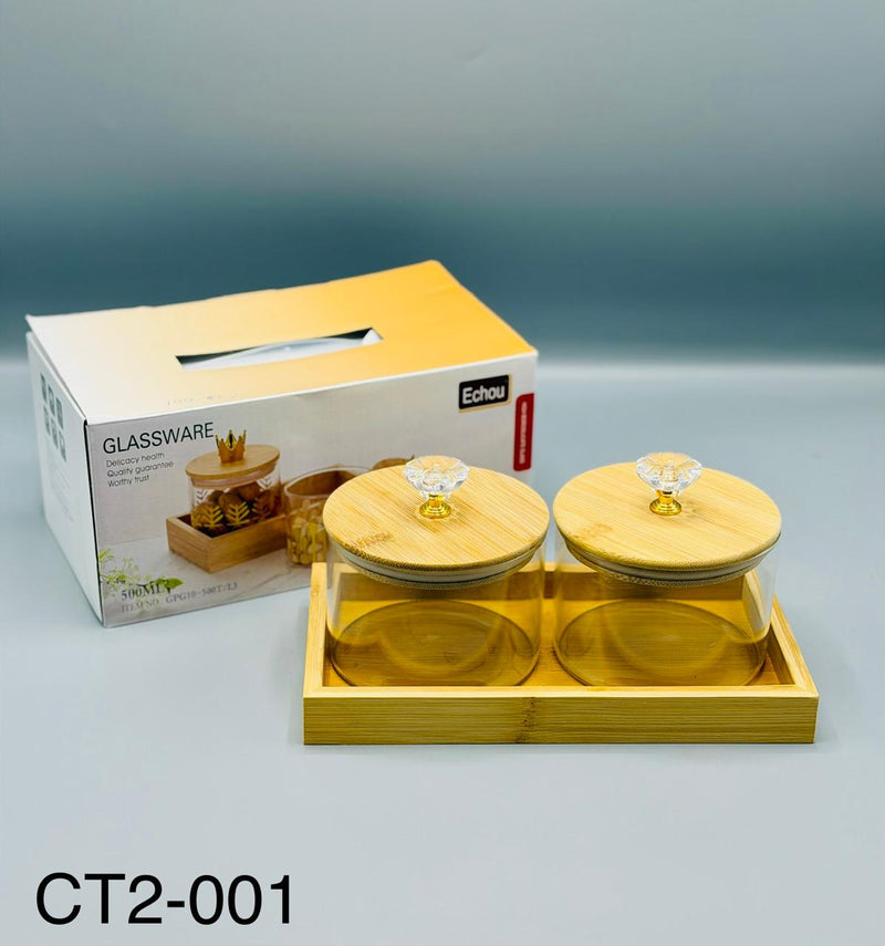 Wooden Tray Glass Jar Set, 3 x 500ml glass jars on wooden tray