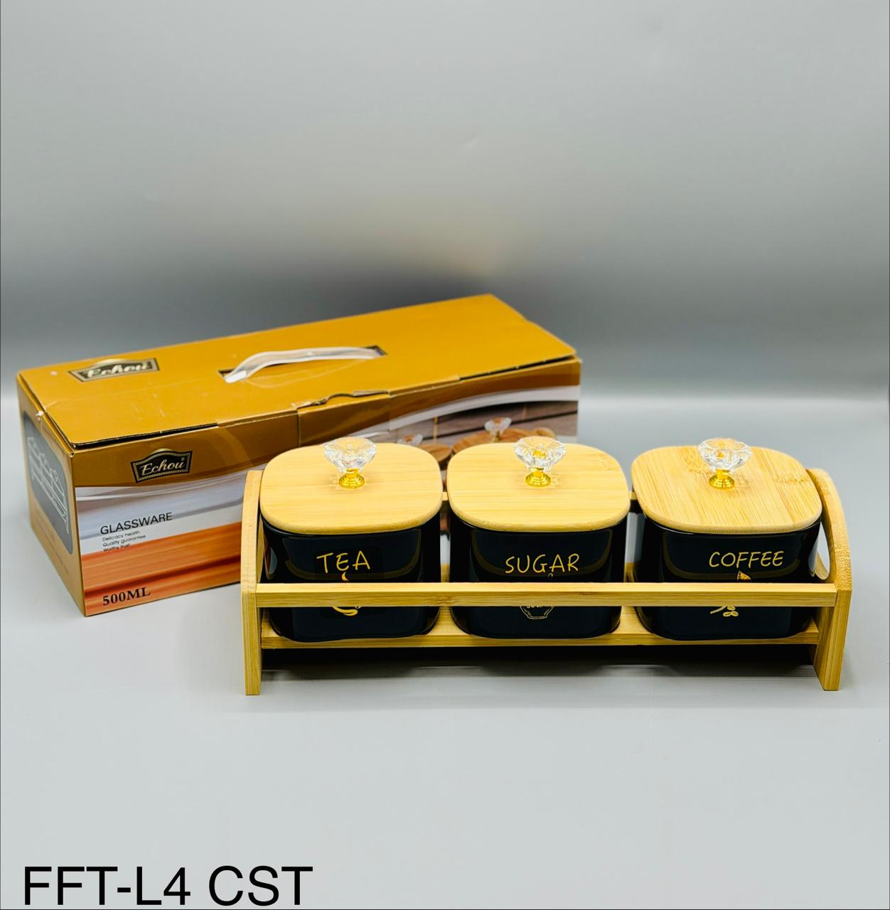 Square Glass Jar Set with Wooden Tray, 3 x 500ml jars